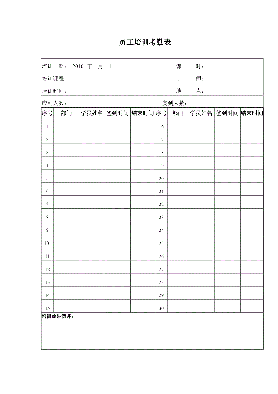 员工培训考勤表_第1页