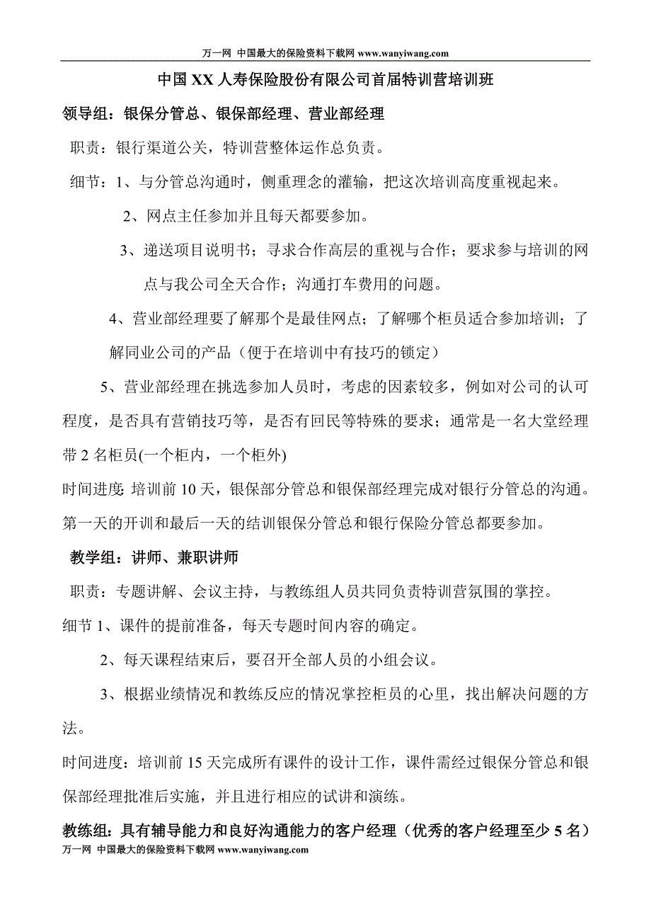 银行保险特训营培训班操作细则岗位职责2页_第1页