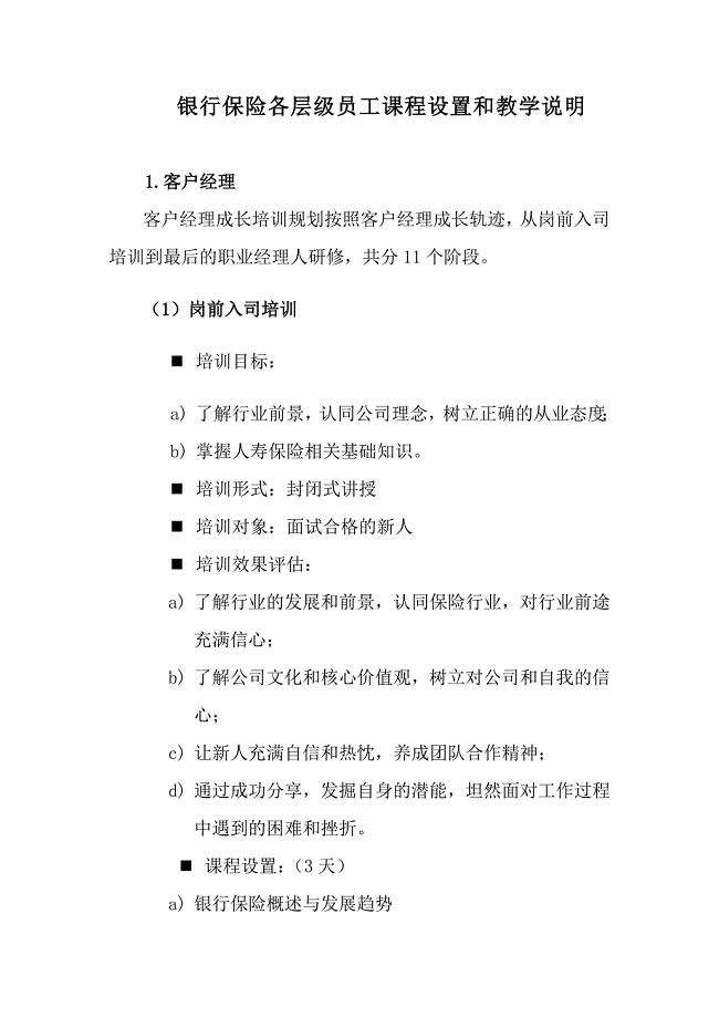 银行保险各层级员工课程设置与教学大纲