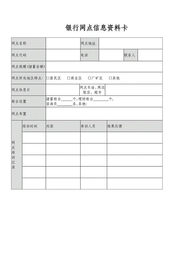 银行网点信息资料卡