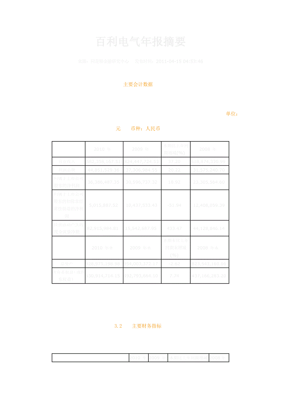 百利电气年报摘要_第1页