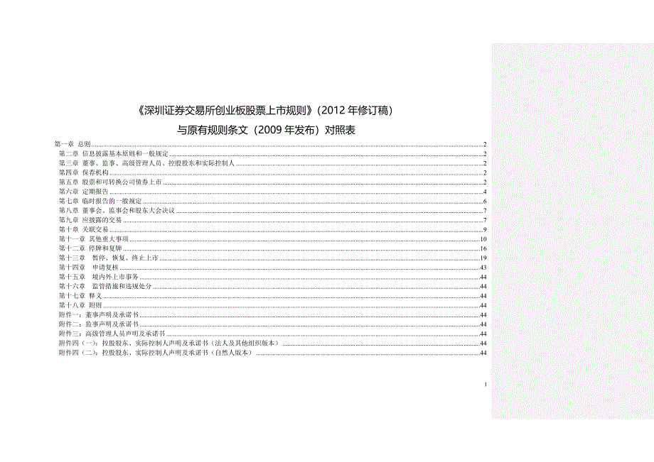 创业板股票上市规则新旧条文对照表(修订稿)_第1页