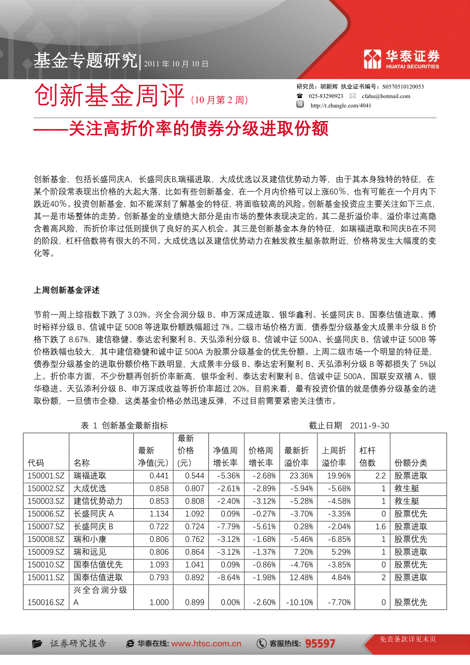 创新基金周评——关注高折价率的债券分级进取份额_第1页