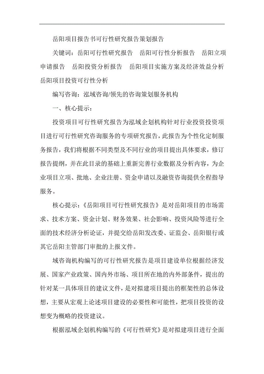 岳阳项目报告书可行性研究报告策划报告_第1页