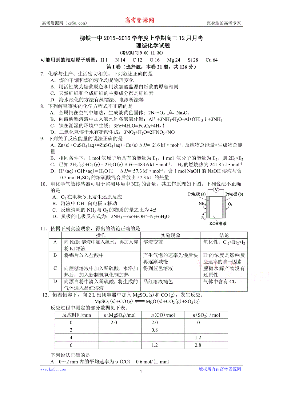 【Ks5u首发】广西2016届高三上学期12月月考化学试卷 Word版缺答案_第1页