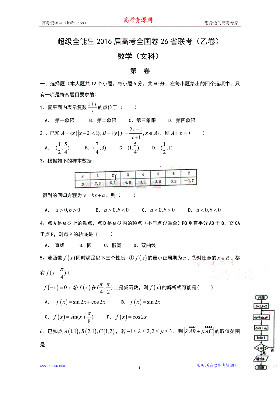 【KS5U首发Word版】超级全能生2016届高考全国卷26省联考（乙卷）数学（文） Word版含答案bytian_第1页