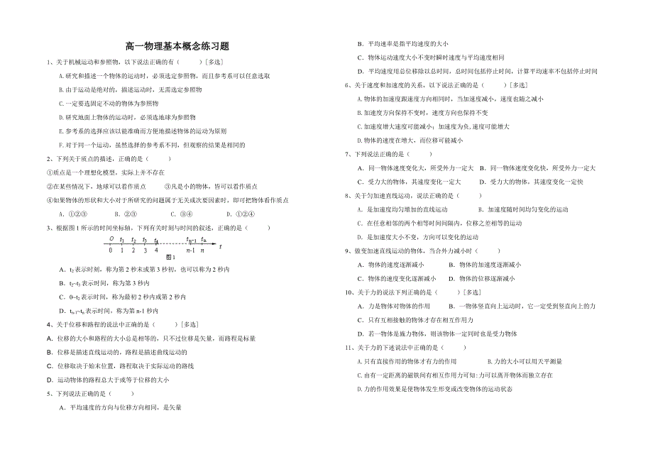 【2017年整理】物理必修一基本概念选择题_第1页