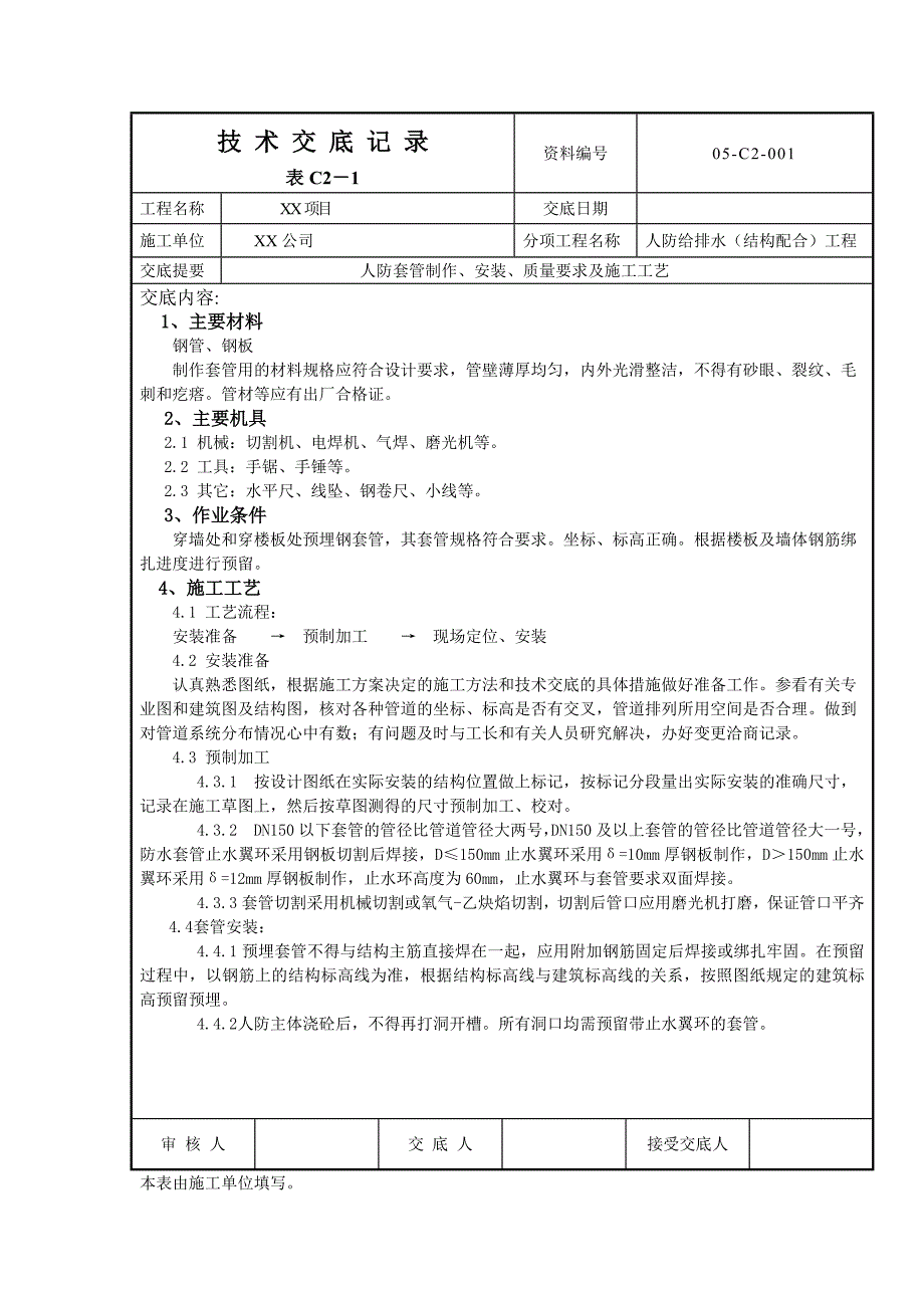 【2017年整理】地下室人防套管技术交底_第1页