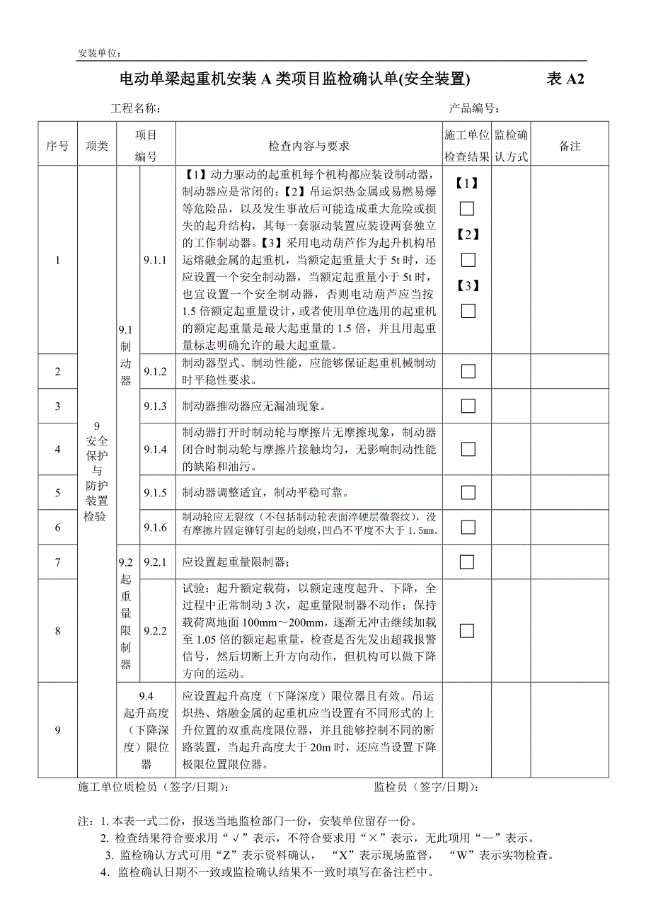 【2017年整理】电动单梁式起重机安装监检A、B表(100521更新)1_第2页