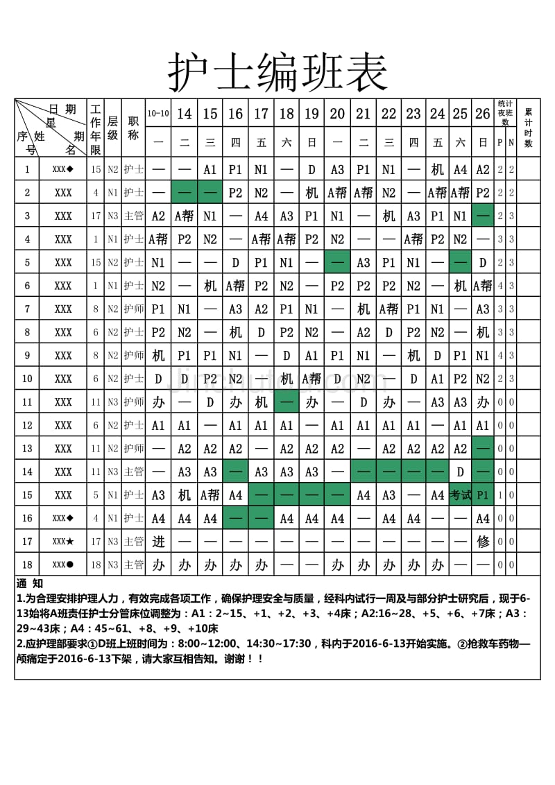 2016年创新护士排班表_第1页