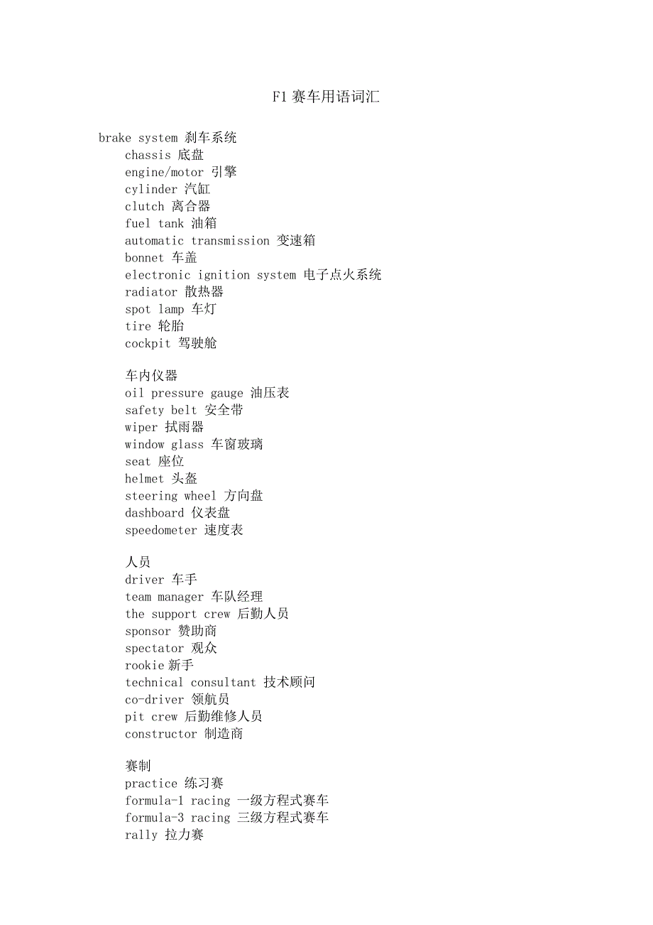 F1赛车用语词汇_第1页