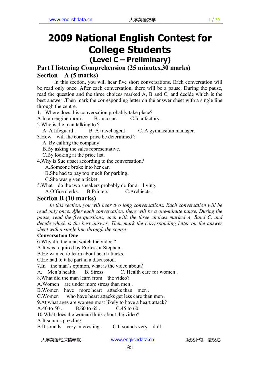 2009及2010年全国大学生英语竞赛C类(非英语专业本科学历)真题及参考答案_第1页