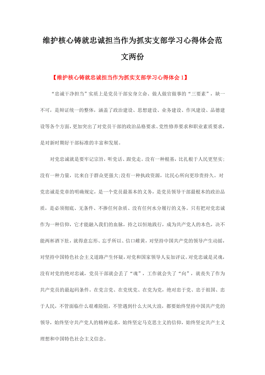 维护核心铸就忠诚担当作为抓实支部学习心得体会范文两份_第1页