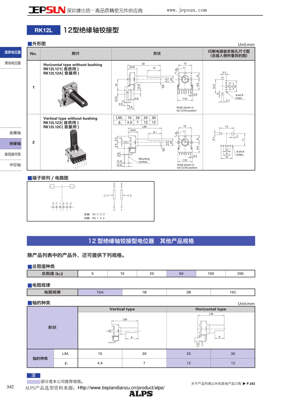 RK12L系列ALPS电位器12型绝缘轴铰接型_第2页