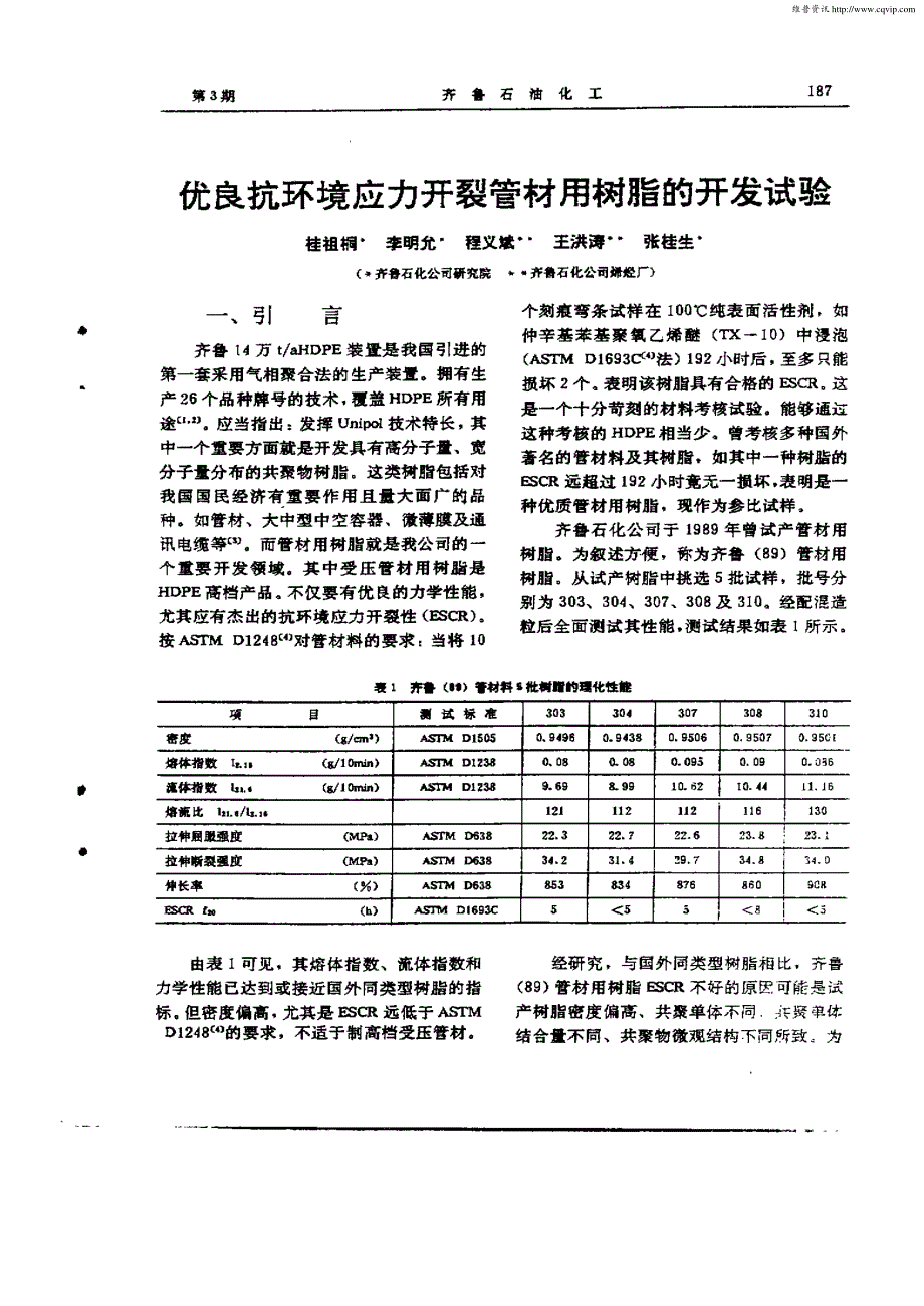 优良抗环境应力开裂管材用树脂的开发试验_第1页