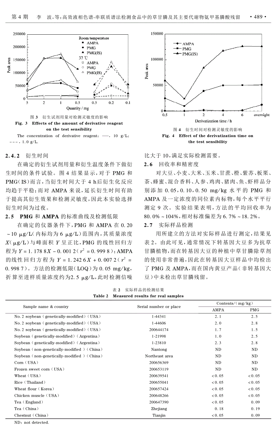 高效液相色谱-串联质谱法检测食品中的草甘膦及其主要代谢物氨甲基膦酸残留_第4页