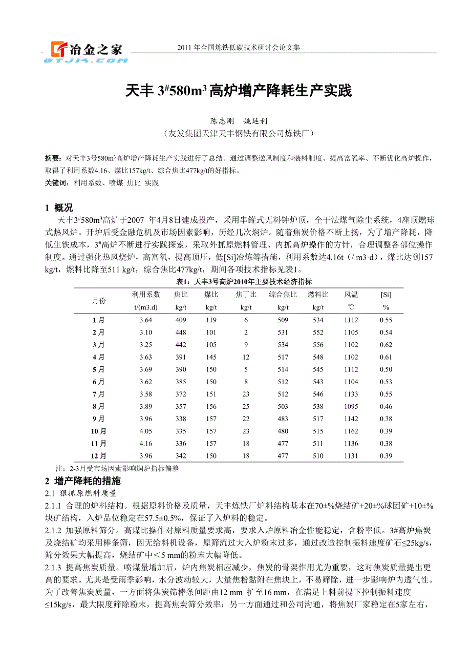 天丰3580m3高炉增产降耗生产实践_第1页