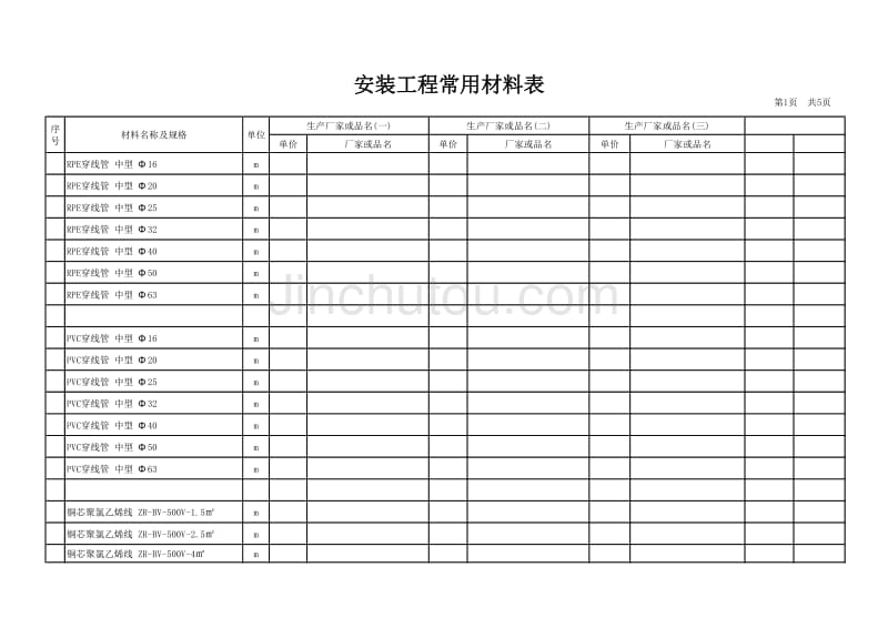 安装工程材料询价表2012.3_第1页