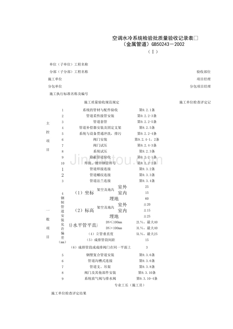 空调水系统安装检验批质量验收记录表(金属管道)_第1页