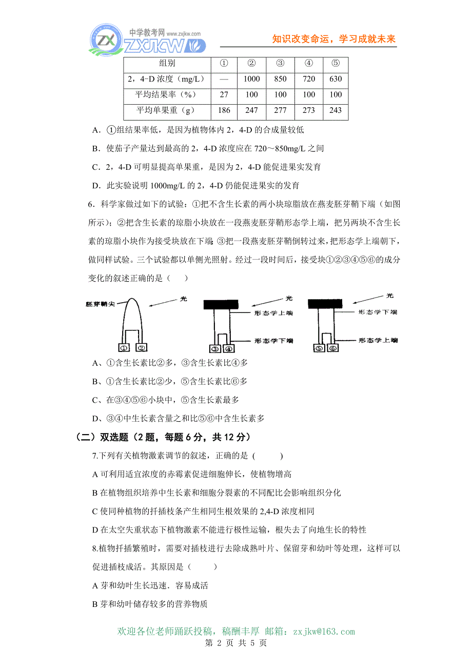 2010年高三生物生命活动调节40分钟测试题：植物的激素调节_第2页