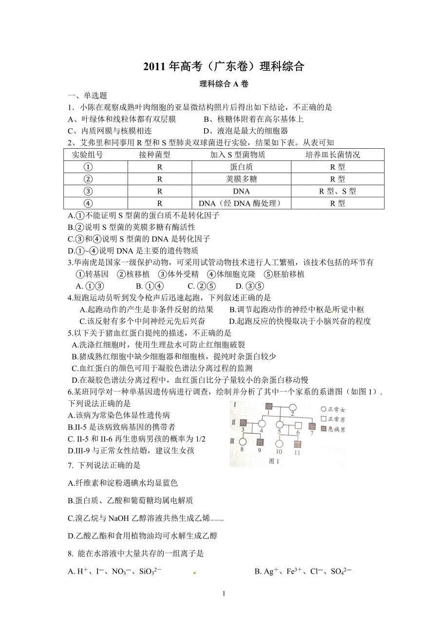 2011广东理综试题及答案_第1页