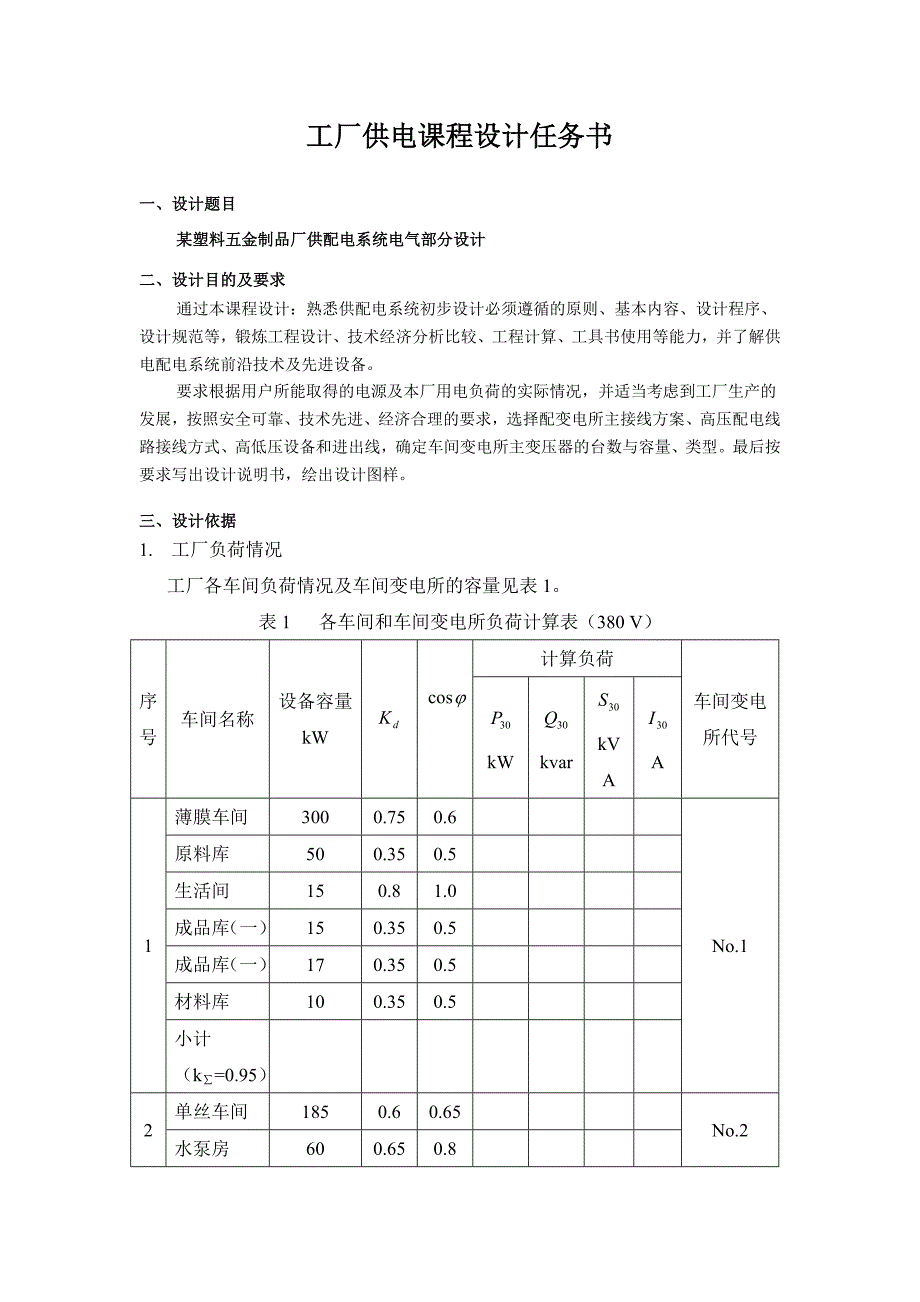 某塑料五金制品厂供配电系统电气部分初步设计_第1页