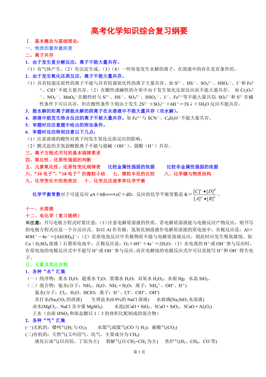 【最新】高考化学知识复习提纲1_第1页