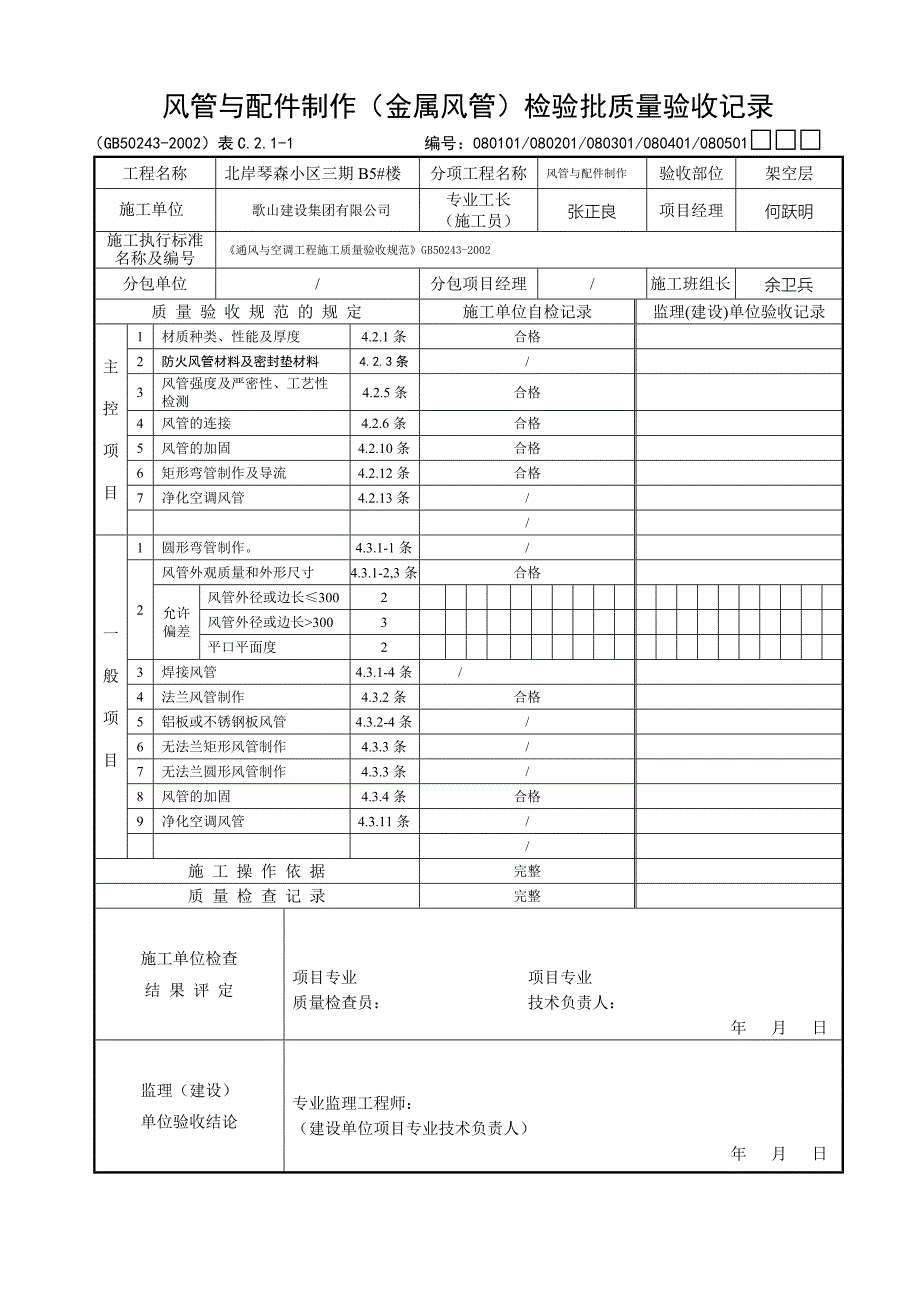 风管与配件制作(金属风管)检验批质量验收记录  080101、080201、080301、080401、080501□□□_第1页