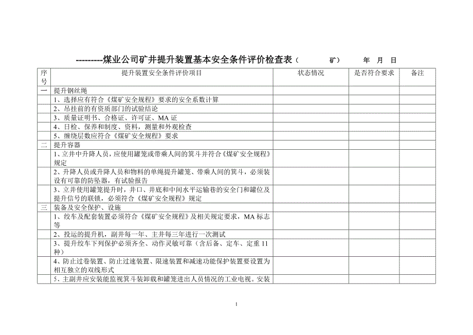 煤业公司矿井机电基本安全条件评价检查表_第1页