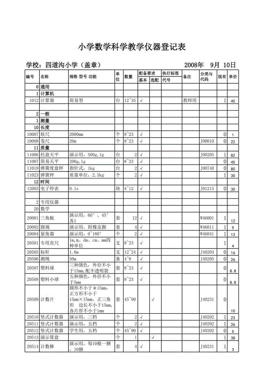 小学科学数学仪器登记表_第1页