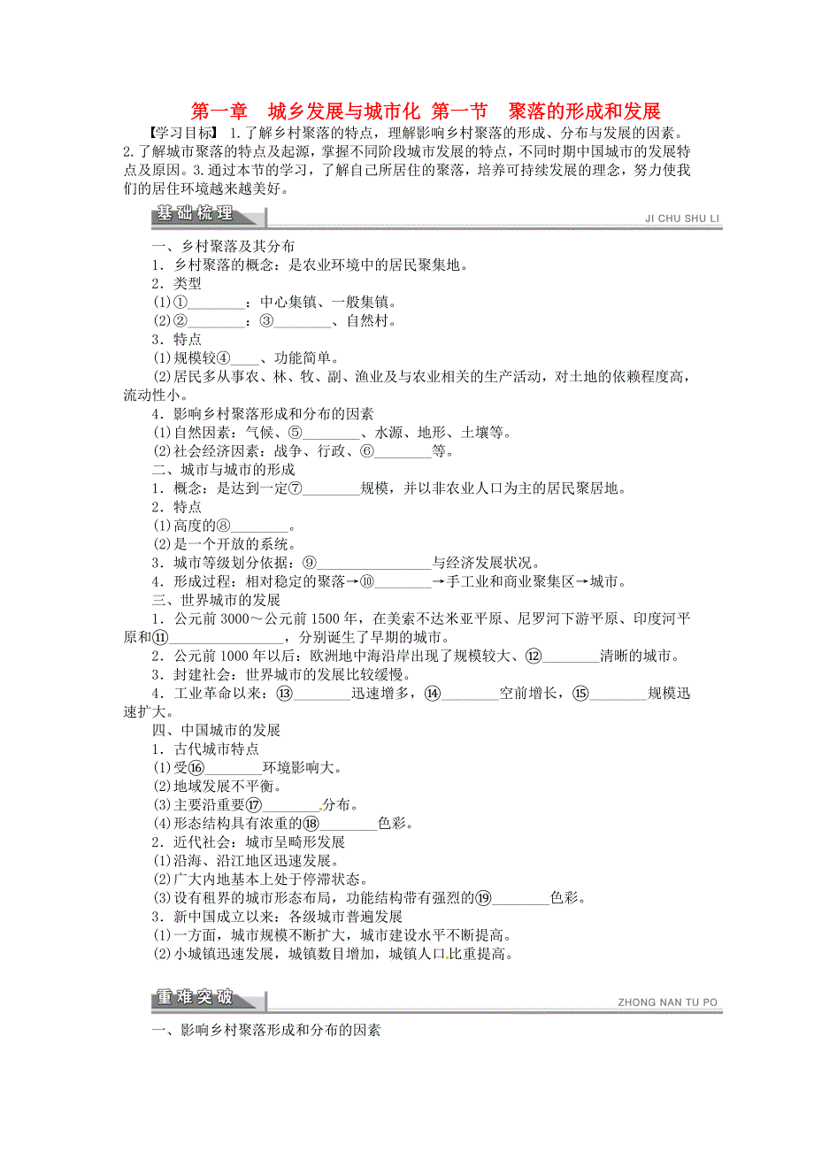 【2017年整理】(备课精选)2015年高中地理 1.1聚落的形成和发展学案 新人教版选修4_第1页