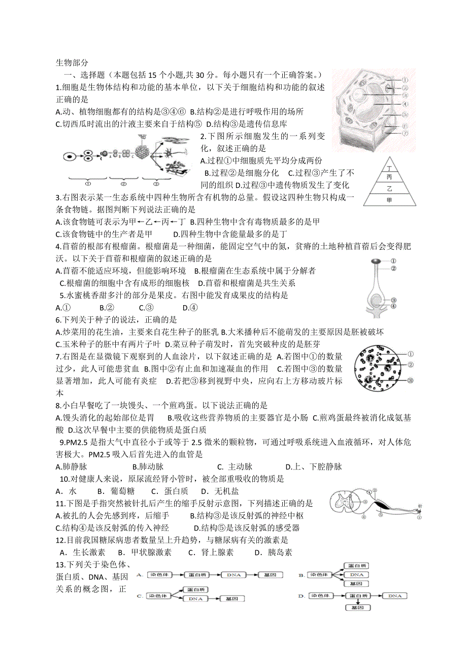 2015年沧州市中考生物试题及答案解析_第1页