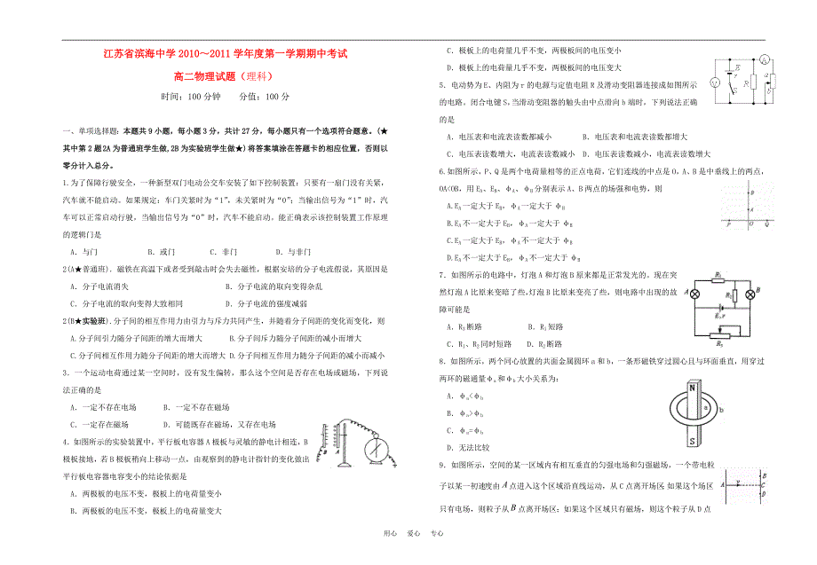 江苏省滨海中学10—11学年高二物理第一学期期中考试 理【会员独享】_第1页