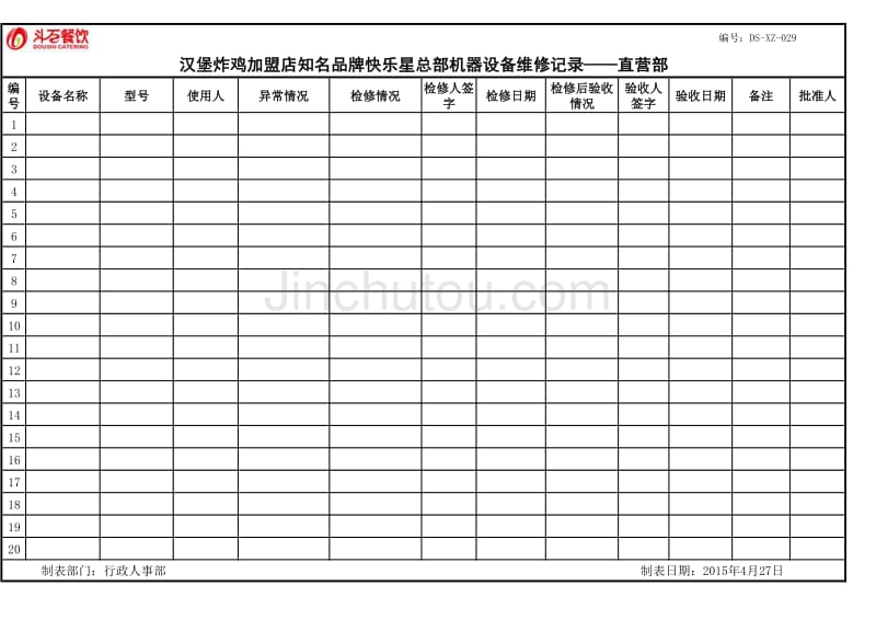 汉堡炸鸡加盟店知名品牌快乐星总部机器设备维修记录——直营部_第1页