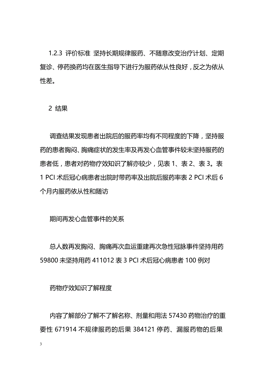 PCI术后冠心病患者服药依从性调查分析及护理对策_第3页