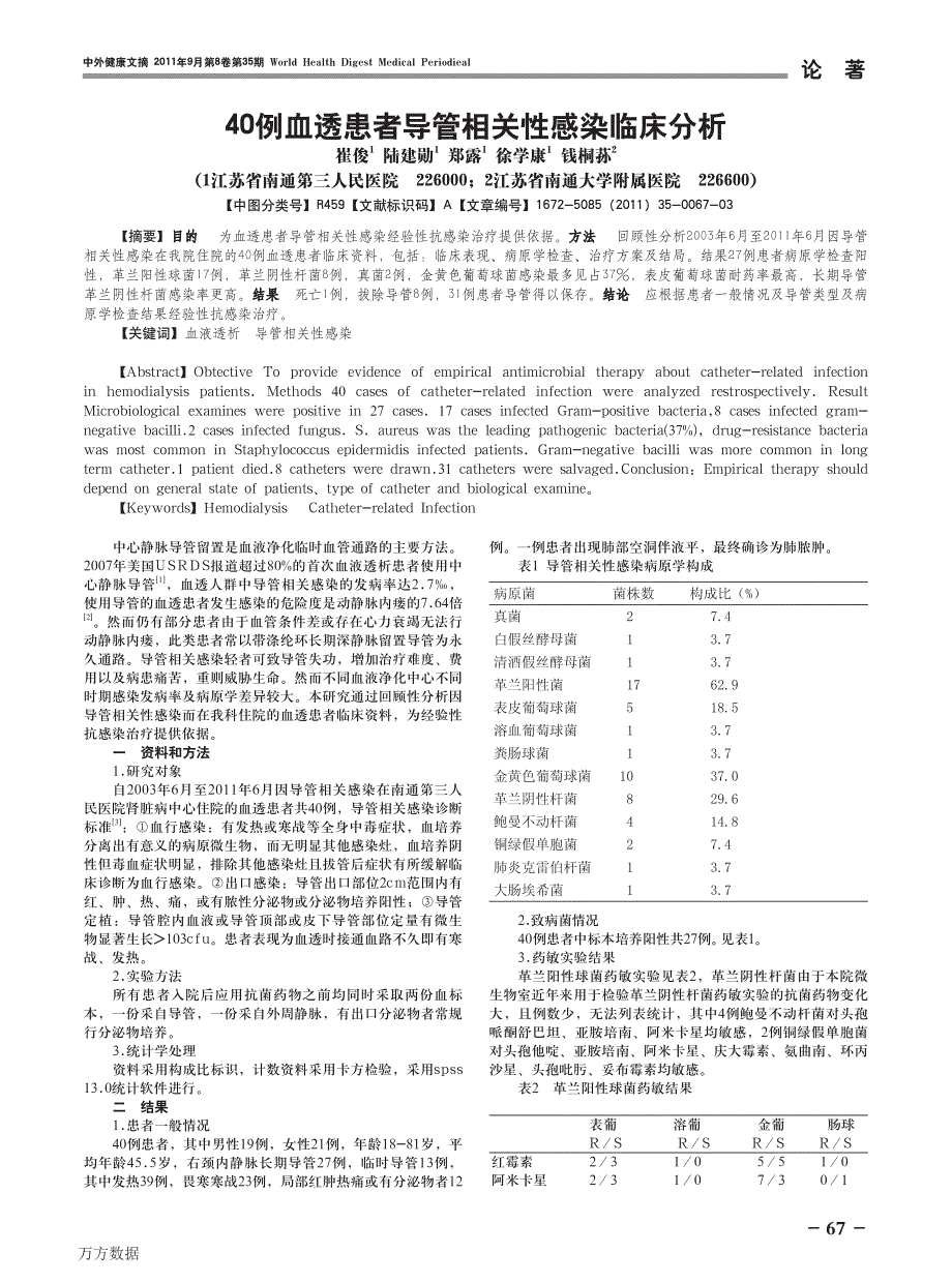 40例血透患者导管相关性感染临床分析_第1页