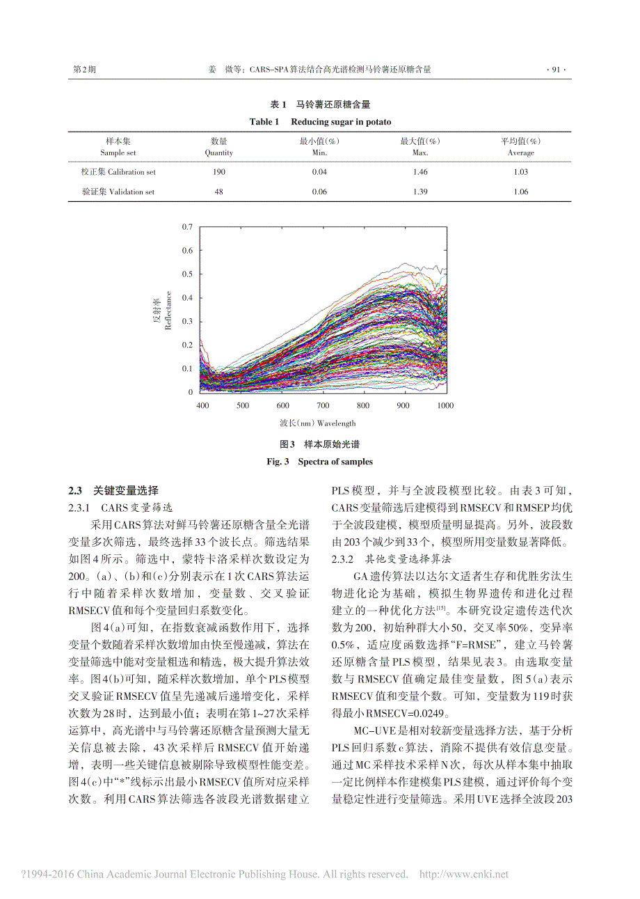 CARS_SPA算法结合高光谱检测马铃薯还原糖含量_姜微_第4页