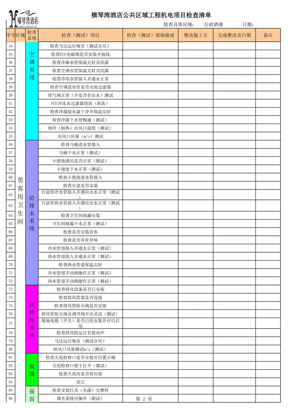 酒店公共区域验收检查表_第2页