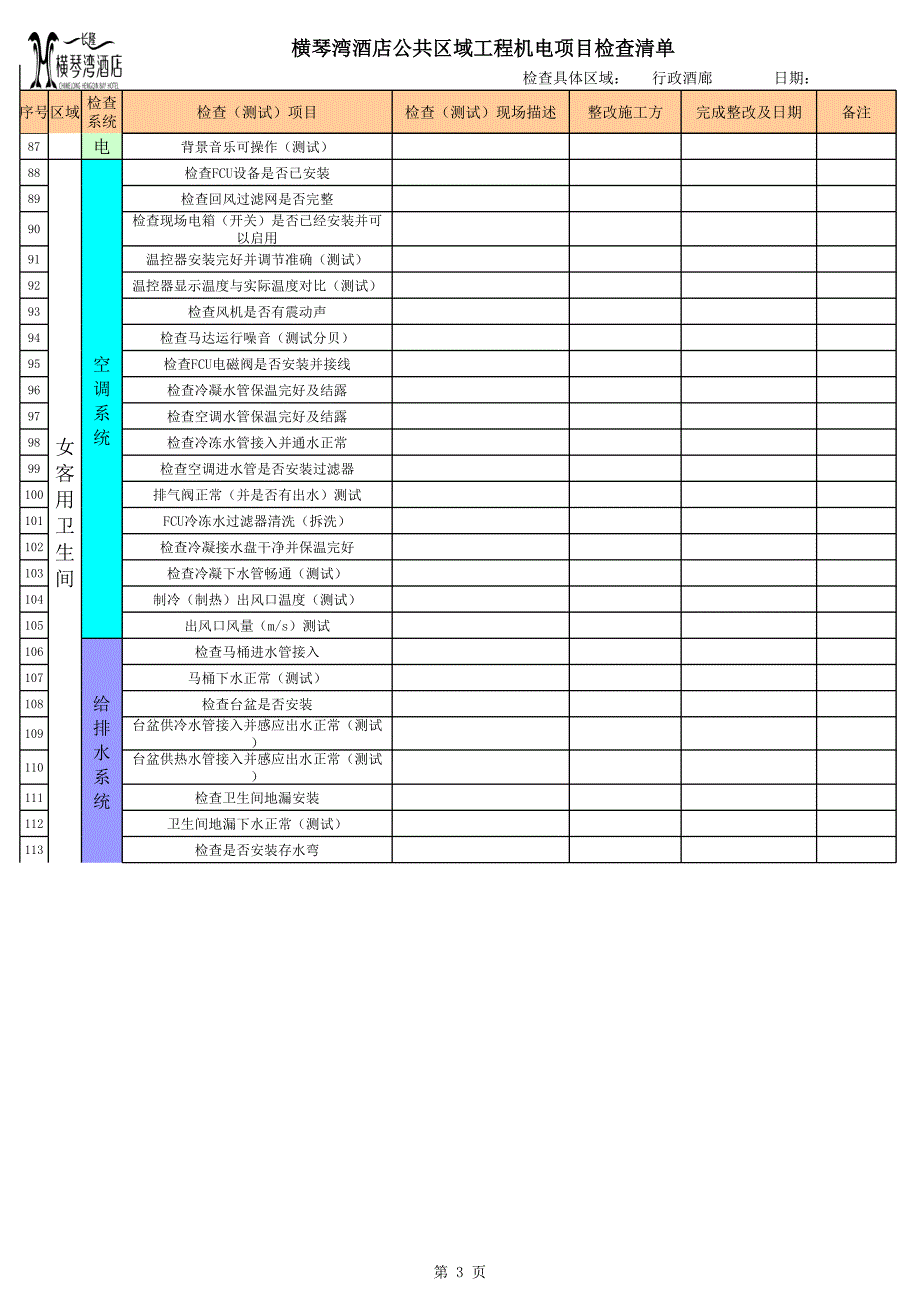 酒店公共区域验收检查表_第3页