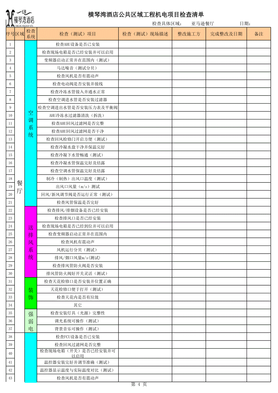 酒店公共区域验收检查表_第4页
