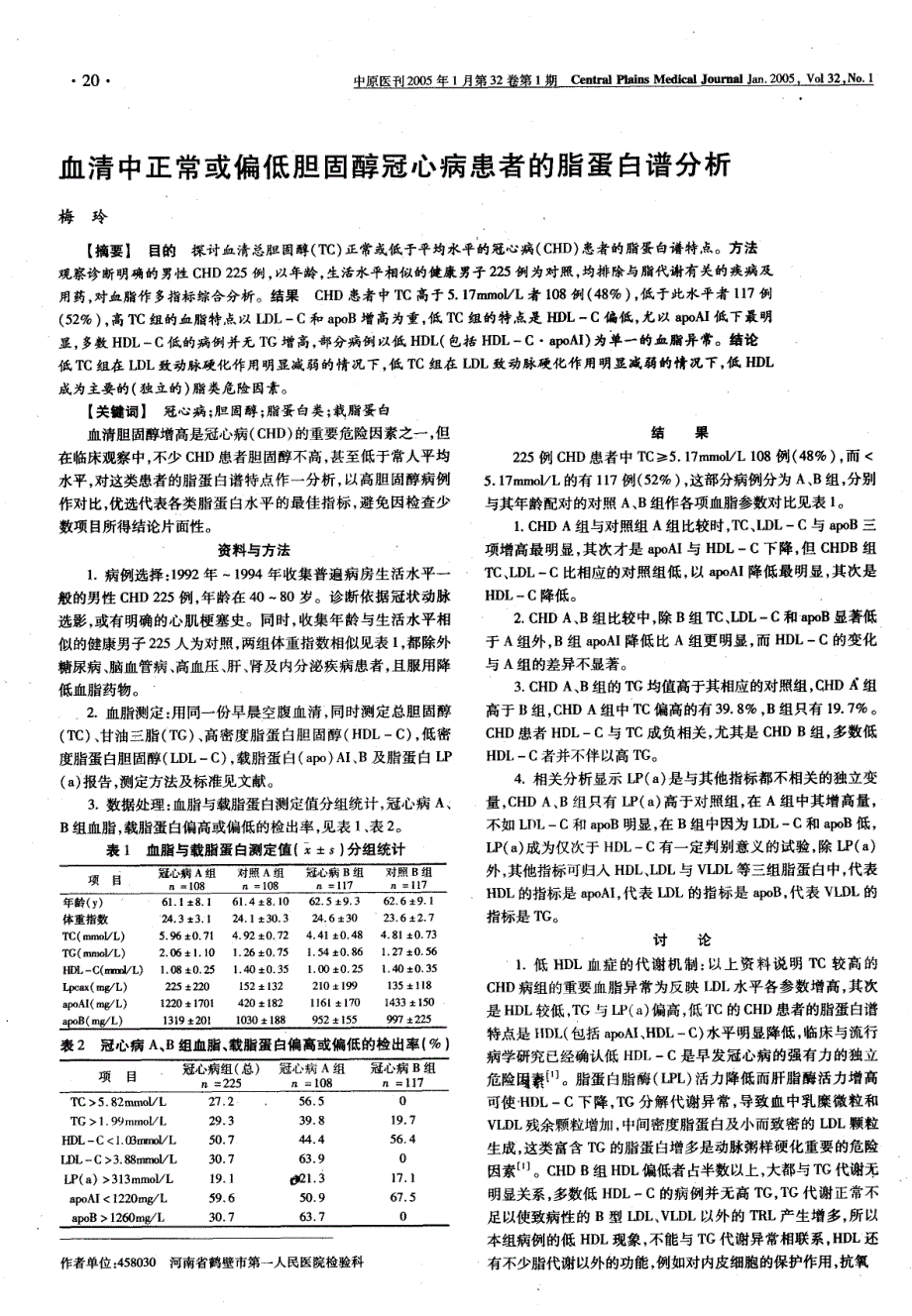 血清中正常或偏低胆固醇冠心病患者的脂蛋白谱分析_第1页