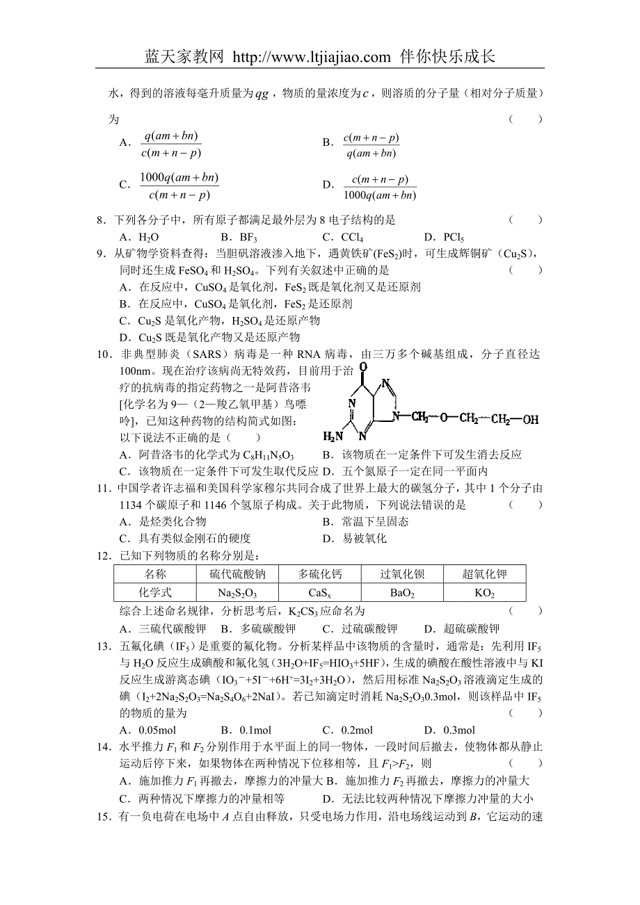 2008年12月份百题精练理科综合_第2页