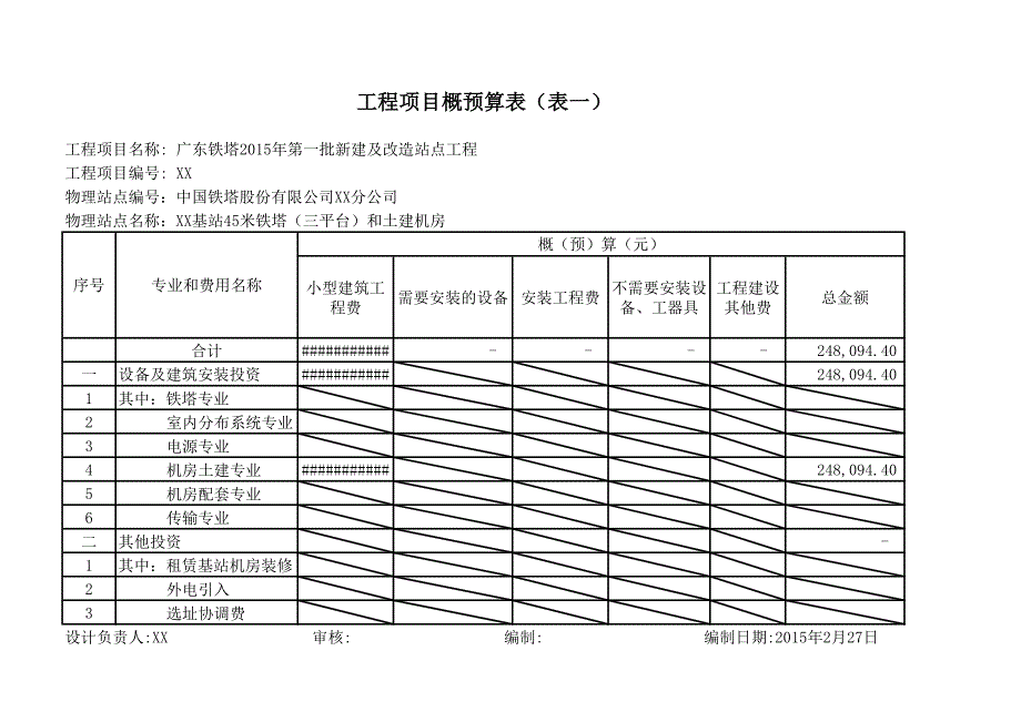 通信铁塔项目预算模板--机房土建专业(45米铁塔(三平台)和土建机房)_第1页