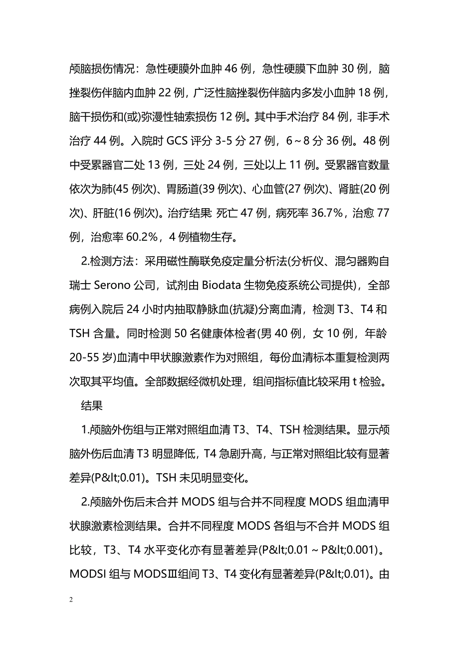 颅脑外伤后血清甲状腺激素水平与多脏器功能衰竭的相关性研究_第2页