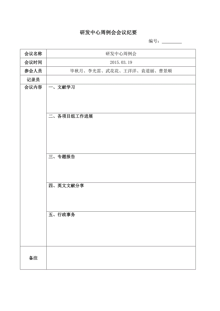 2015研发中心周例会会议纪要(模板)_第1页