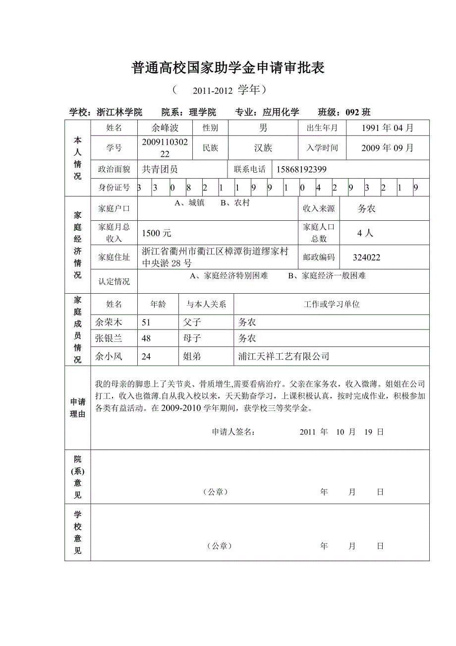 国家励志奖学金、助学金申请审批表_第1页