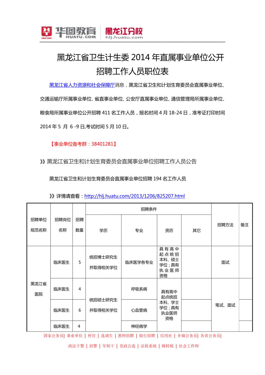 黑龙江省卫生计生委2014年直属事业单位公开招聘工作人员职位表_第1页