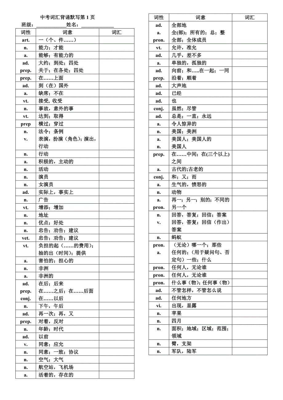 2016浙江省初中毕业生学业考试说明中考词汇背诵默打印稿_第1页