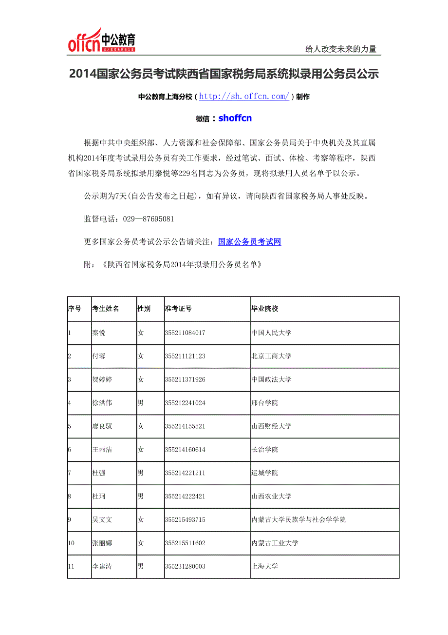 2014国家公务员考试陕西省国家税务局系统拟录用公务员公示_第1页