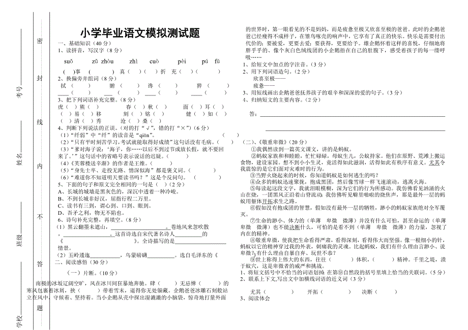 小学毕业语文模拟测试题_第1页